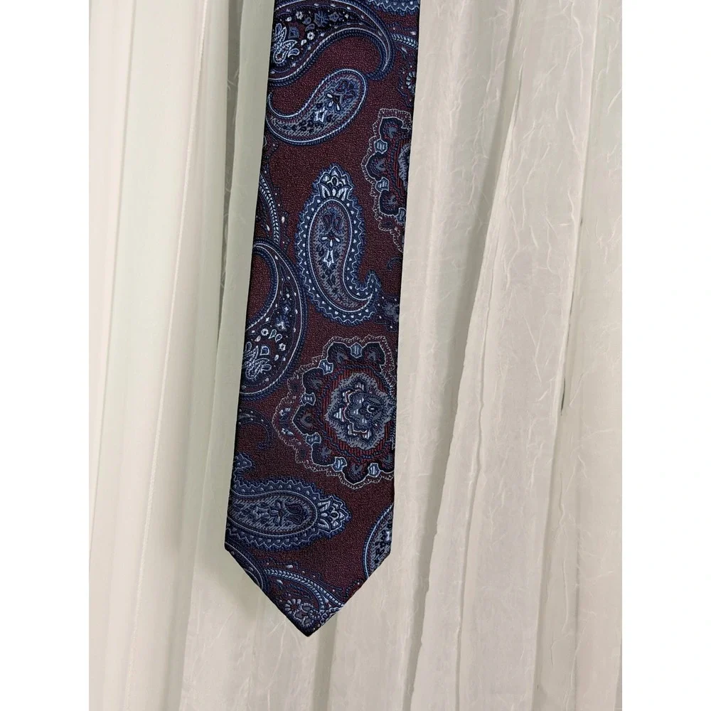 Bocara Mens Silk Necktie Burgundy Blue Paisley Hand Made Classic Tie 58in